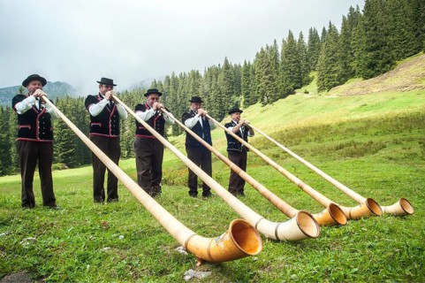 Group of alphorn players performing on a meadow in Justistal valley