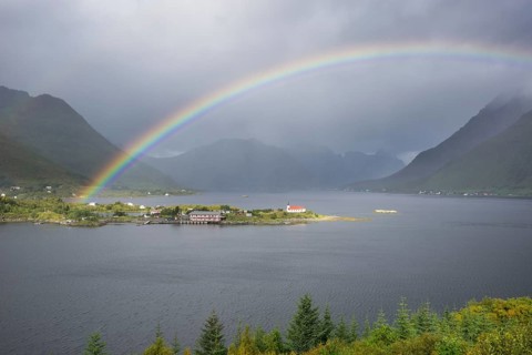 View from a lookout towards Sildpollnes with a rainbow