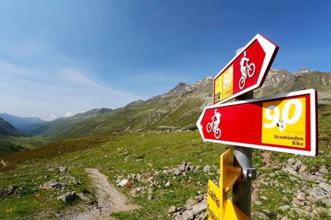 Signpost showing a bike route in Gletschtaelli