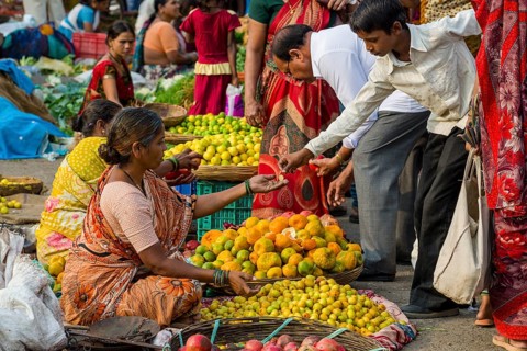 A woman is selling oranges and other fruits at the weekly vegetable market