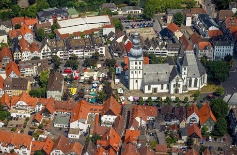 Protestant Church of St. Mary with the marketplace with market stalls