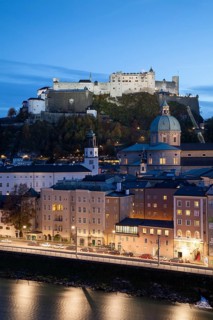 View from Kapuzinerberg hill to the Cathedral and Hohensalzburg Castle