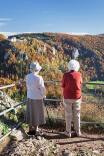 Two elderly ladies looking at the view over Danube Gorge from Burg Wildenstein Castle