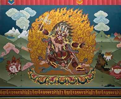 Wall paintings with motifs of Buddhist mythology in the Trashi Chhoe Dzong monastic fortress