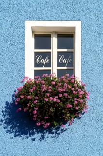 Window labelled 'Cafe' with flowers