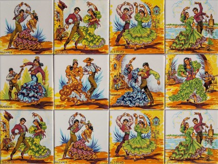 Ceramic tiles with motifs of traditional Andalusian dances fitted in the surface of terrace tables at the Parador of Arcos de la Frontera