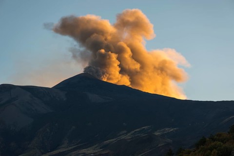 Eruption cloud in the evening light above the new northeast crater