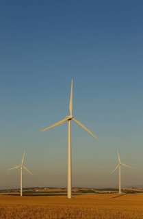 Windmills in the evening light on a wind farm near Sanlucar de Barrameda