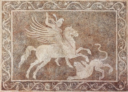 Rider on a winged horse hunting a lion
