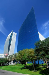 Futuristic architectural building of the National Bank and the Chamber of Commerce and Industry of Dubai in the Deira Quarter