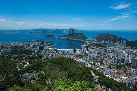 Outlook from the Christ the Redeemer statue over Rio de Janeiro and the Sugar Loaf