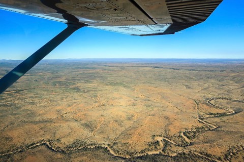 View from a small plane over the dry riverbed of Oanob River
