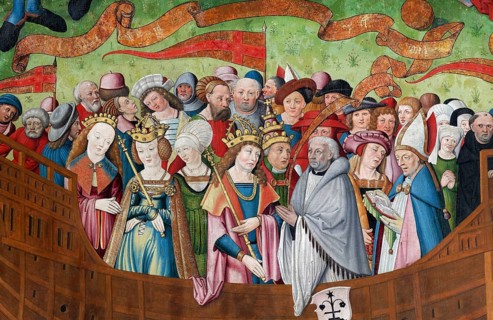 People of all classes of the middle ages gathered on board of a ship