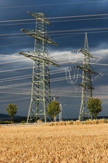 Newly erected high-voltage pylons of the South-West Interconnector of the transmission system operator 50 Hertz