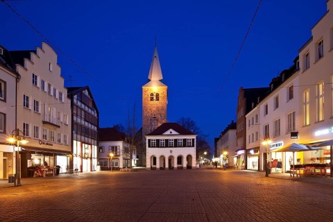 The old town hall and St. Agatha Church at twilight