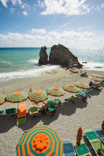 Sandy beach and colorful sunshades