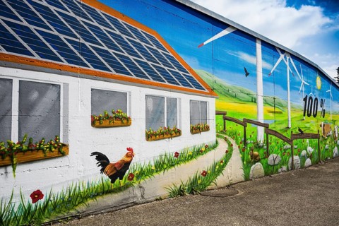 Wall of a house painted with a renewable energy theme