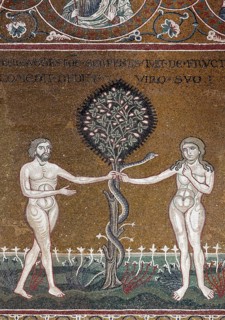 Adam and Eve standing next to the apple tree with the serpent in Paradise