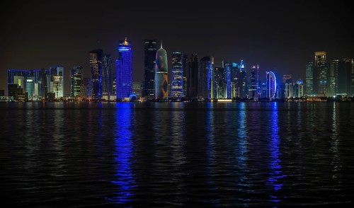 Night scene of the skyline of Doha with Al Bidda Tower