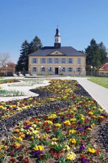 Spa gardens with the salt-works building