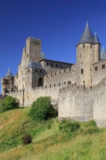 Towers and entrance gate Port d'Aude of the medieval fortress of Carcassonne
