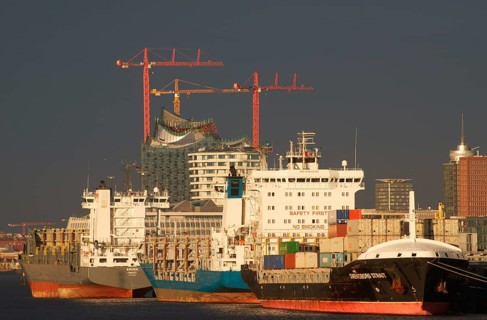 Ships in the Port of Hamburg at anchor in the North Elbe