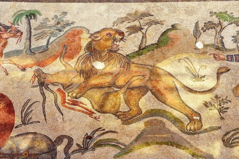 Ancient Roman mosaic of a lion being hunted