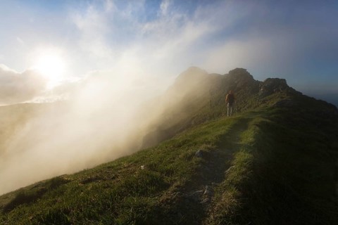 Hiker on the summit of Mt Grosser Galtenberg in the evening light
