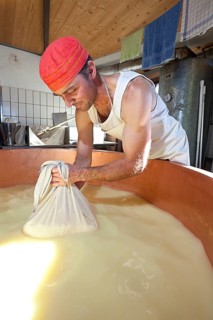 Dairyman drawing cottage cheese with a cloth from the copper kettle for a first test