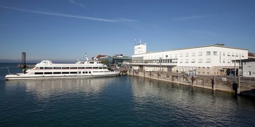 Passenger ship in the harbour in front of the Zeppelin Museum