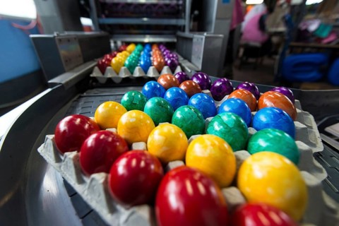 Brightly coloured Easter eggs on a conveyor belt