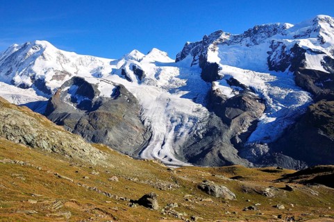 Schwarzegletscher and Breithorngletscher glaciers with the west summit of Lyskamm Mountain
