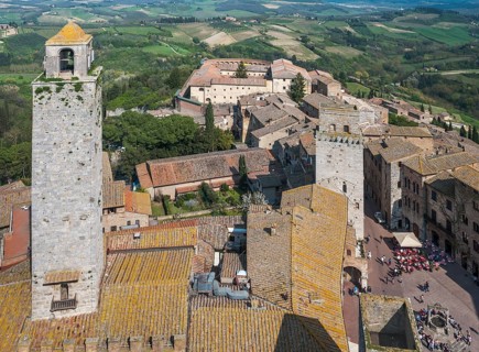 View of the historic centre from the Torre Grossa tower with the Piazza della Cisterna