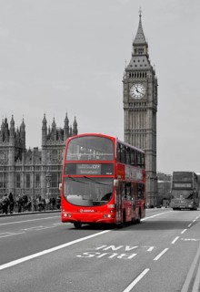 Red double-decker bus on Westminster Bridge with Big Ben or Elizabeth Tower