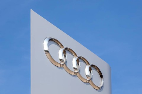 Audi AG logo at the production location in Gyor