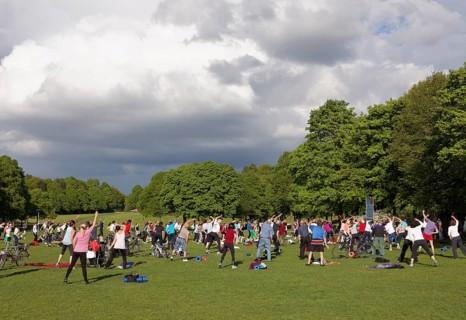 People doing gymnastics in a park