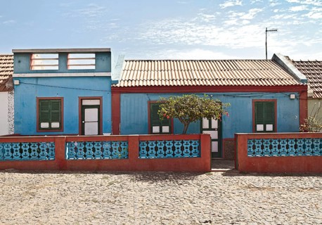 Colourful house with a flowering hibiscus tree