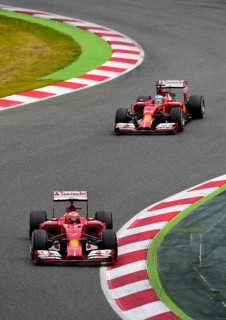 Kimi Raikkonen in the Ferrari F14 followed by Fernando Alonso in the Ferrari F14 T