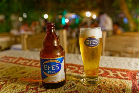 Efes Pilsen beer bottle and beer glass