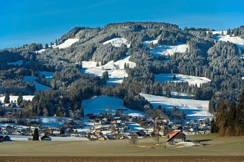 Village of Le Paquier in the wintery Fribourg Pre-Alps