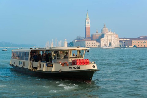 Vaporetto on the Bacino San Marco in front of the church of San Giorgio Maggiore