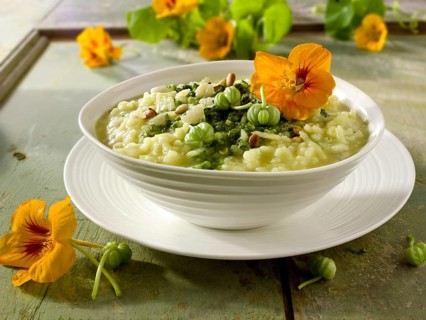 Pesto Risotto with nasturtium flowers