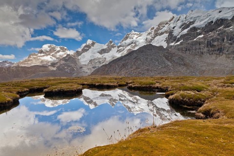 Mountain landscape of the Cordillera Huayhuash with reflection