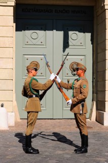 Changing of the guards in front of the Presidential Palace Sandor Palace on Castle Hill