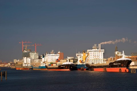 Ships in the Port of Hamburg at anchor in the North Elbe