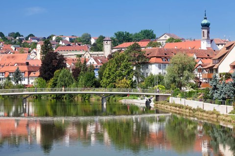 Historic town centre on the Neckar River with the Kalkweiler Gate and the former Carmelite monastery