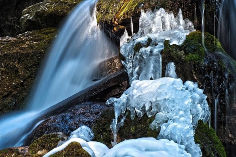Myra Falls with ice in winter in Muggendorf