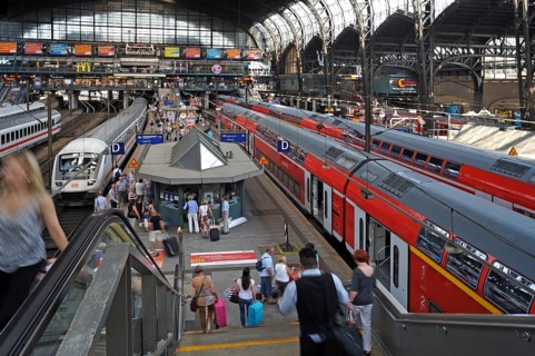Station concourse with travelers