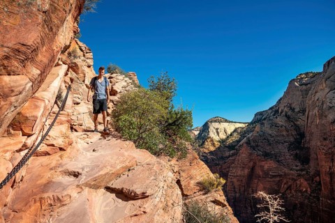 Young man hiking on Angels Landing Trail