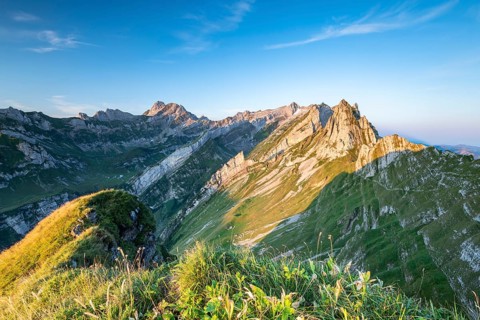 View to Santis and mountains in Alpstein range